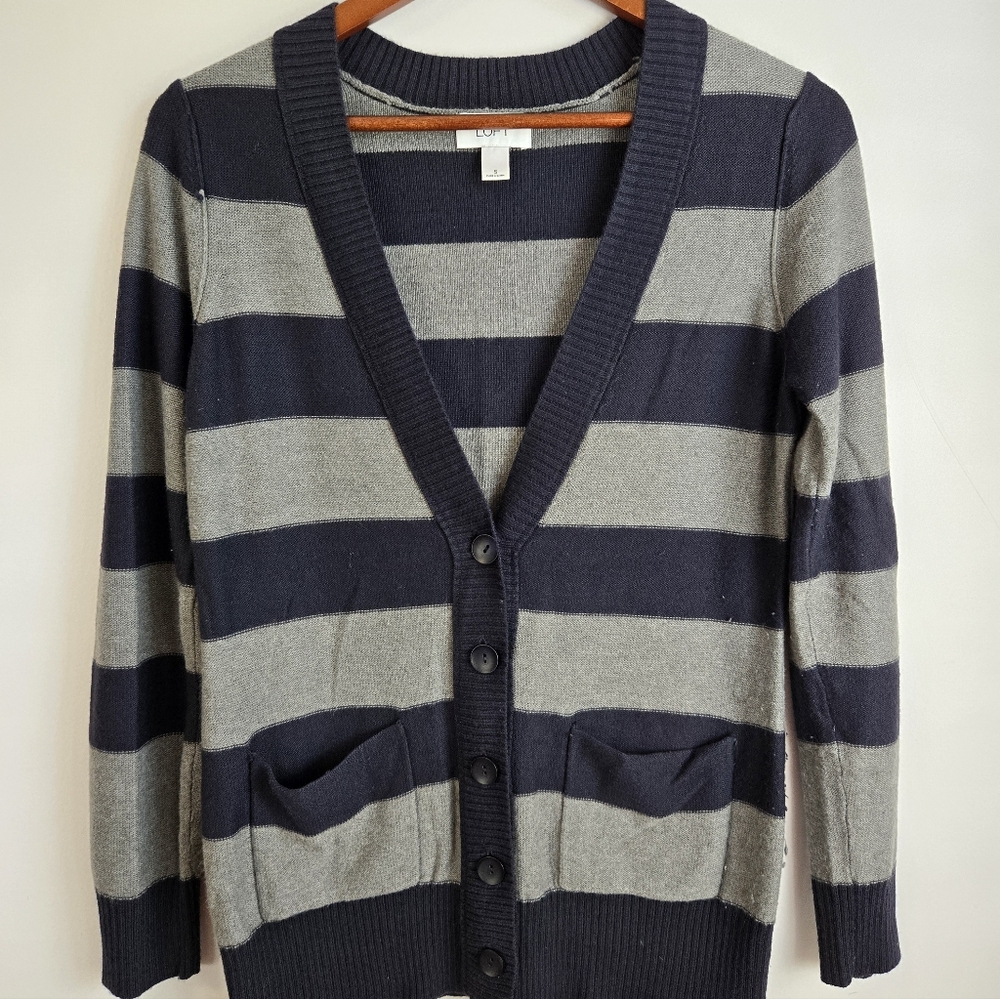 LOFT Women's Gray and Navy Striped Cardigan Size S